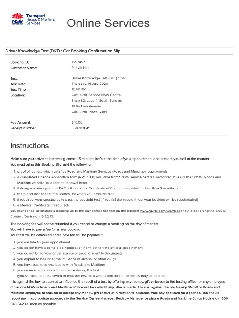 Driver Knowledge Test Booking Details | PDF | Identity Document