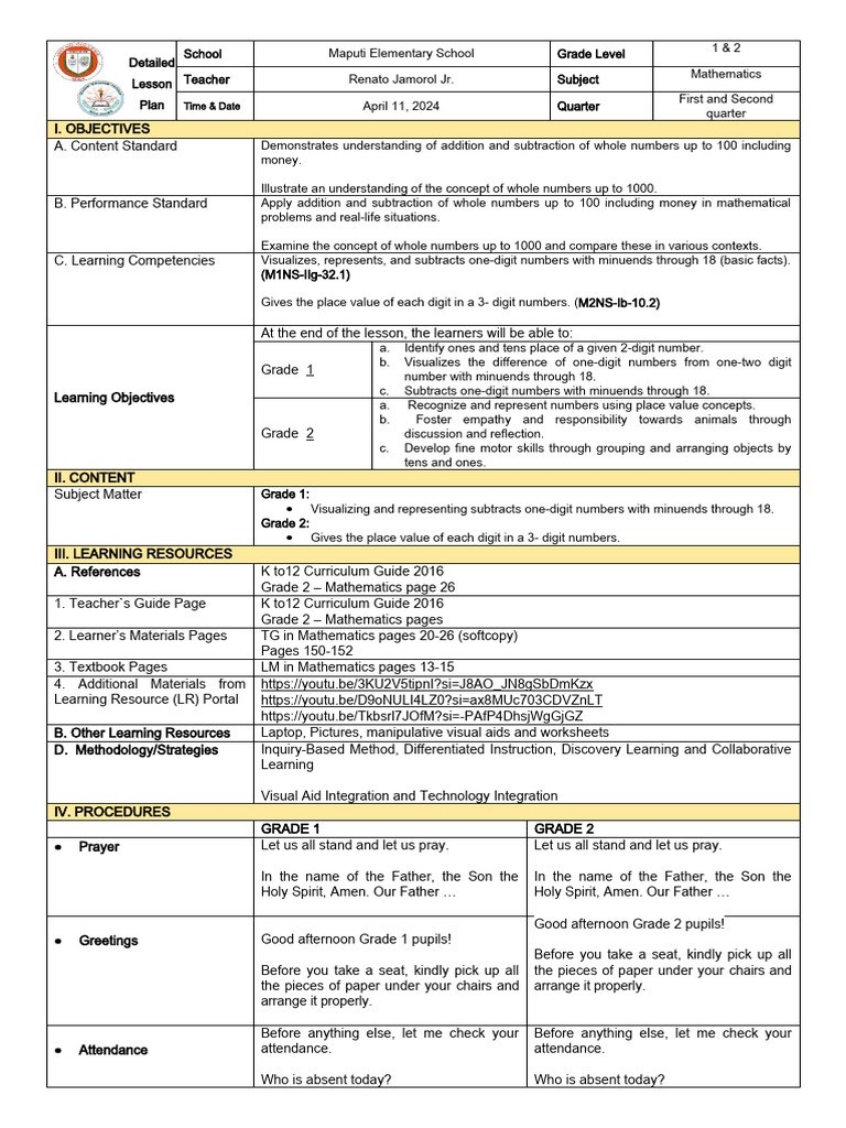Grade 1 & 2 Math Lesson Plan | PDF | Subtraction | Learning