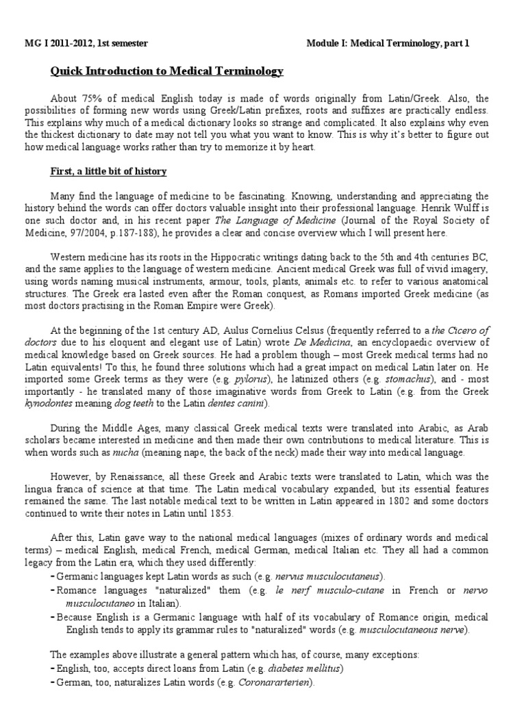 Quick Introduction to Medical Terminology From Greek and Latin (Part 1