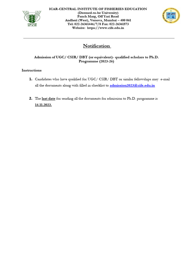 Ph.D. Admission Notification 2023-26 | PDF | Academic Degree