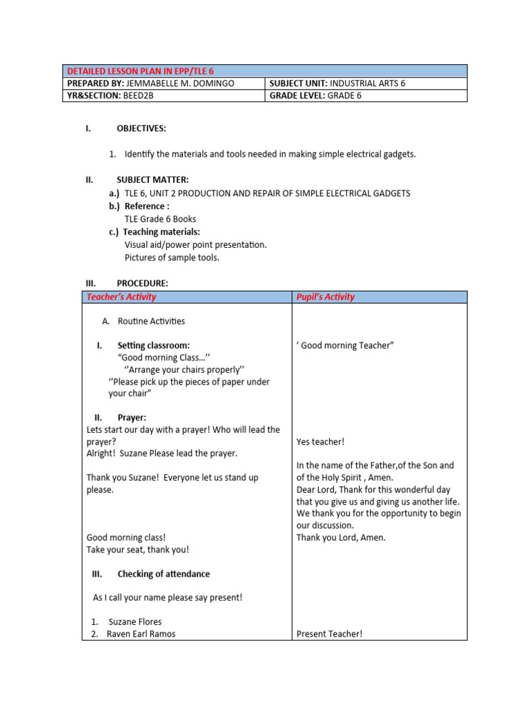 Lesson Plan for Electrical Gadgets in TLE 6 | PDF | Electrical ...