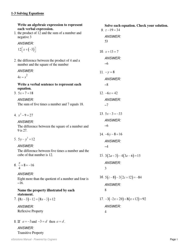1 3 Answer Key | Download Free PDF | Equations | Numbers