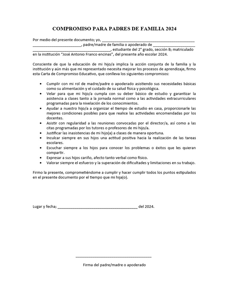 Compromiso para Padres de Familia 2024 | PDF