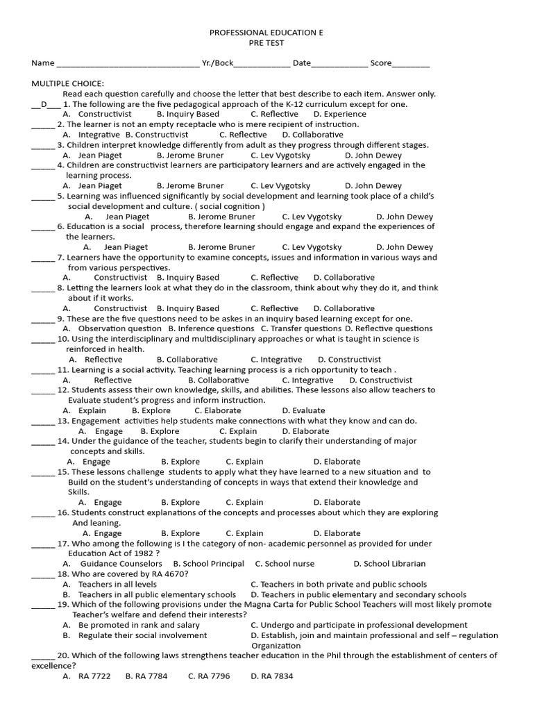 PROFESSIONAL EDUCATION E Pre Test | PDF | Inquiry Based Learning | Teachers
