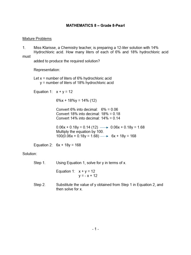 Mixture Problems for Grade 8 Mathematics | PDF | Equations | Acid