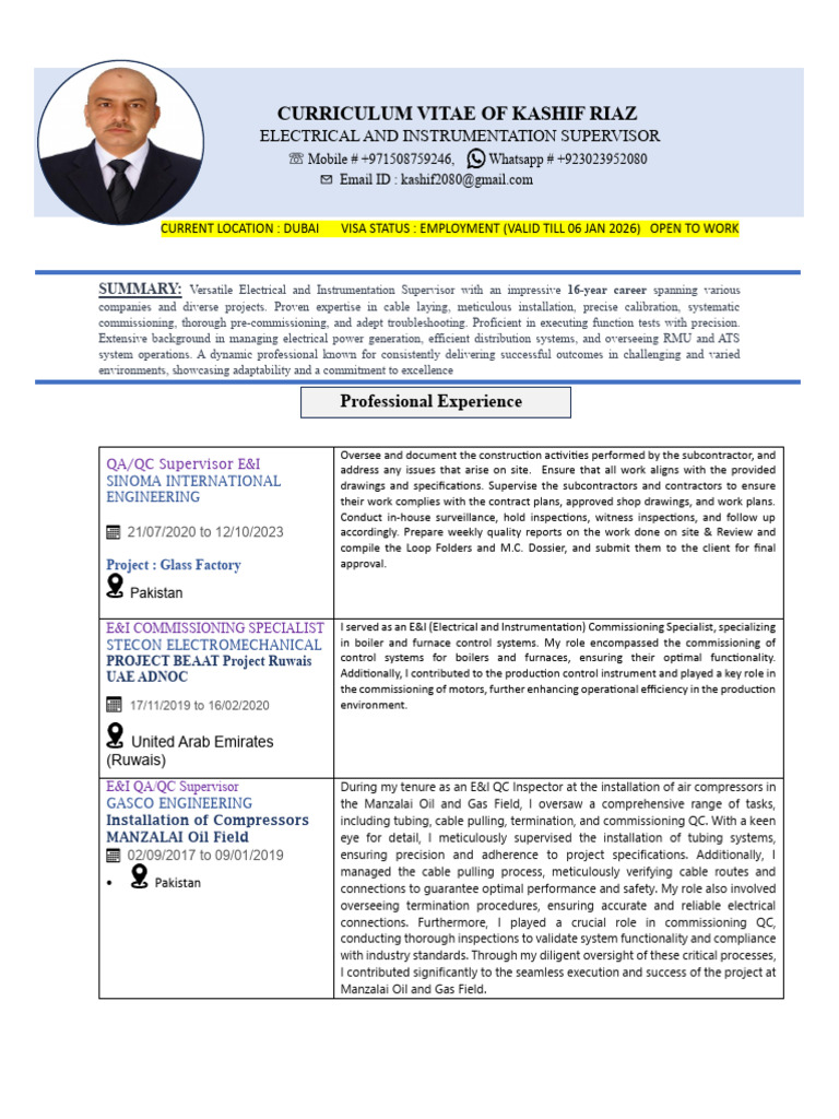 Kashif Riaz: E&I Supervisor CV | PDF | Programmable Logic Controller ...