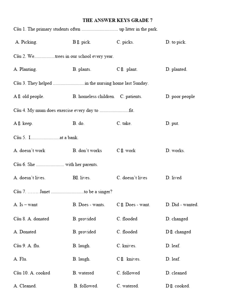 Grade 7 Answer Key for English Exercises | PDF | Cuisine | Food And ...