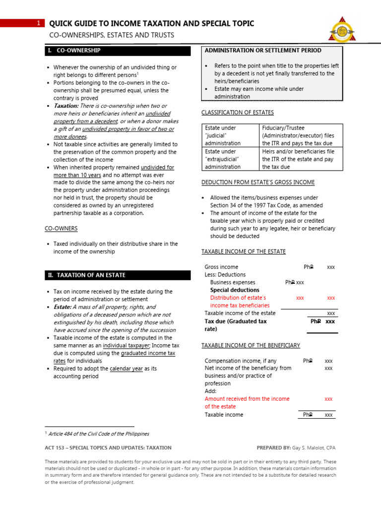 ACT 153 Handout 2.2 Co Ownerships Estates and Trusts | PDF | Taxes ...