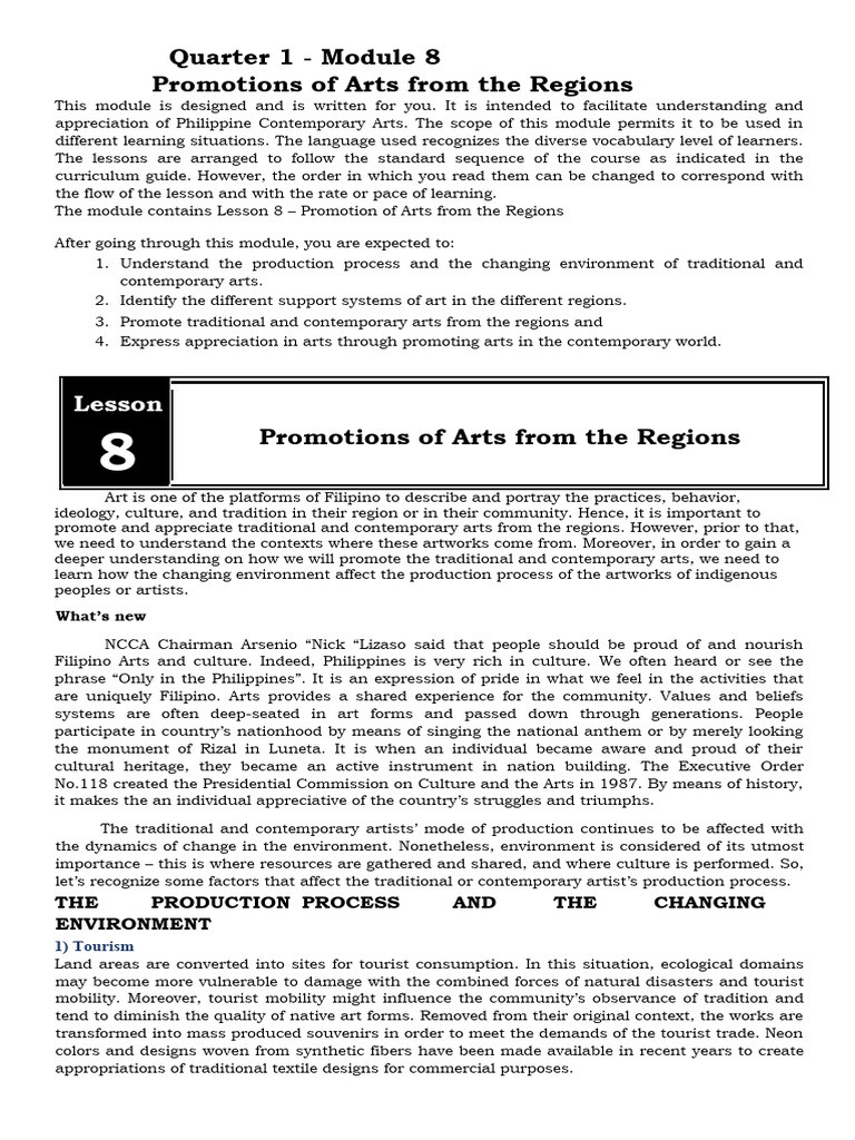 Quarter 1 - Module 8 Promotions of Arts From The Regions: Lesson | PDF ...