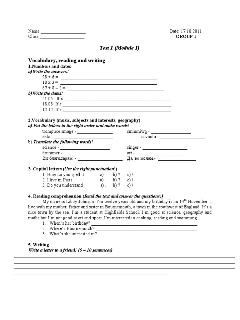 Vocabulary and Grammar Test | PDF | Linguistics | Languages