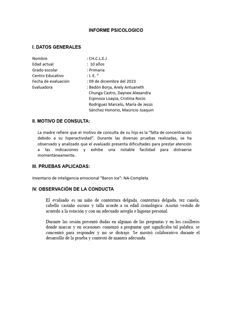 Informe Psicológico de Niño Hiperactivo | PDF | Las emociones | Cognición