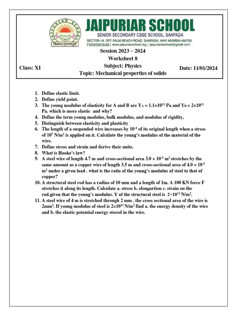 Physics Worksheet: Solids Mechanics | PDF