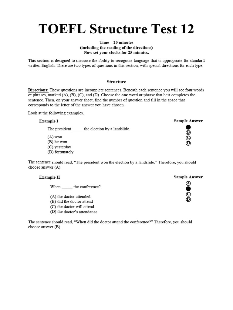 Toefl Structure Test 12 Pdf Test Of English As A Foreign Language
