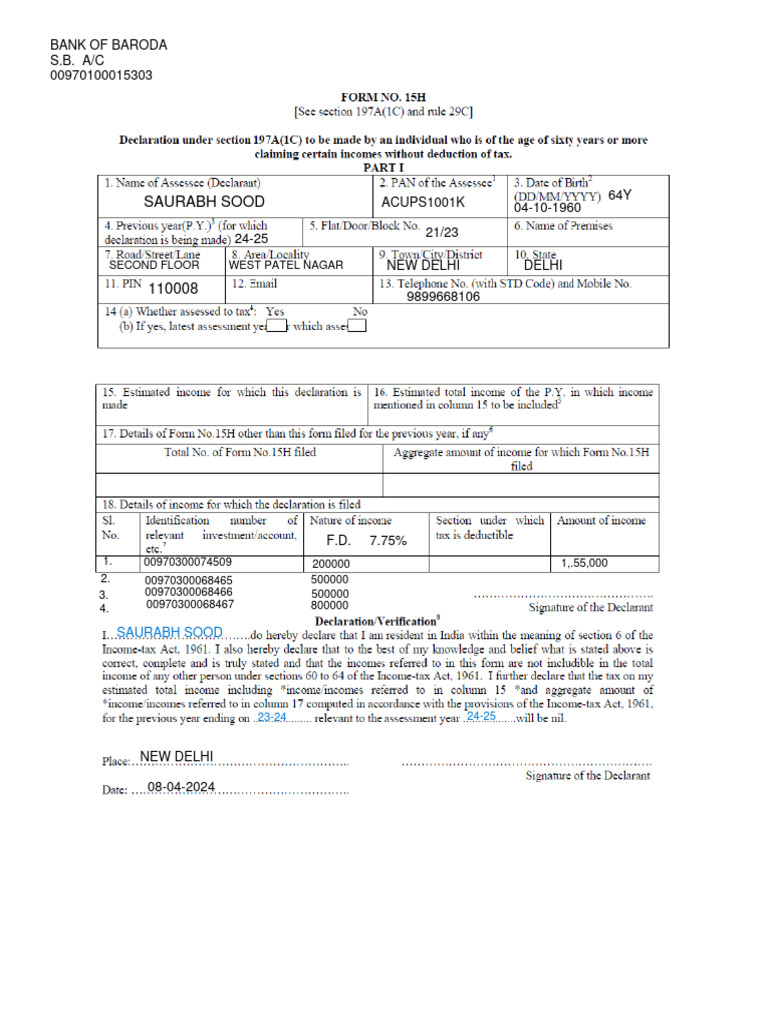 Form 15 H | PDF