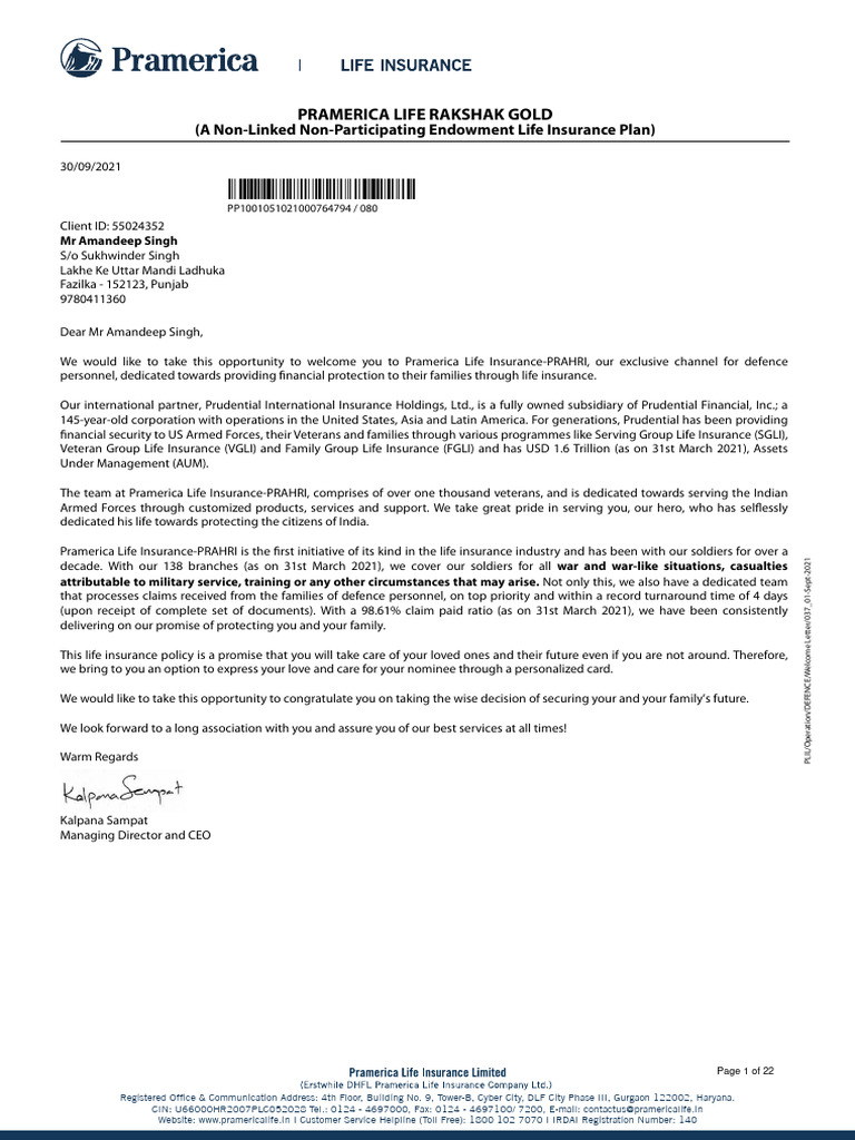 Policy Pack - Inward Doc. - 00764794 | PDF | Insurance | Life Insurance