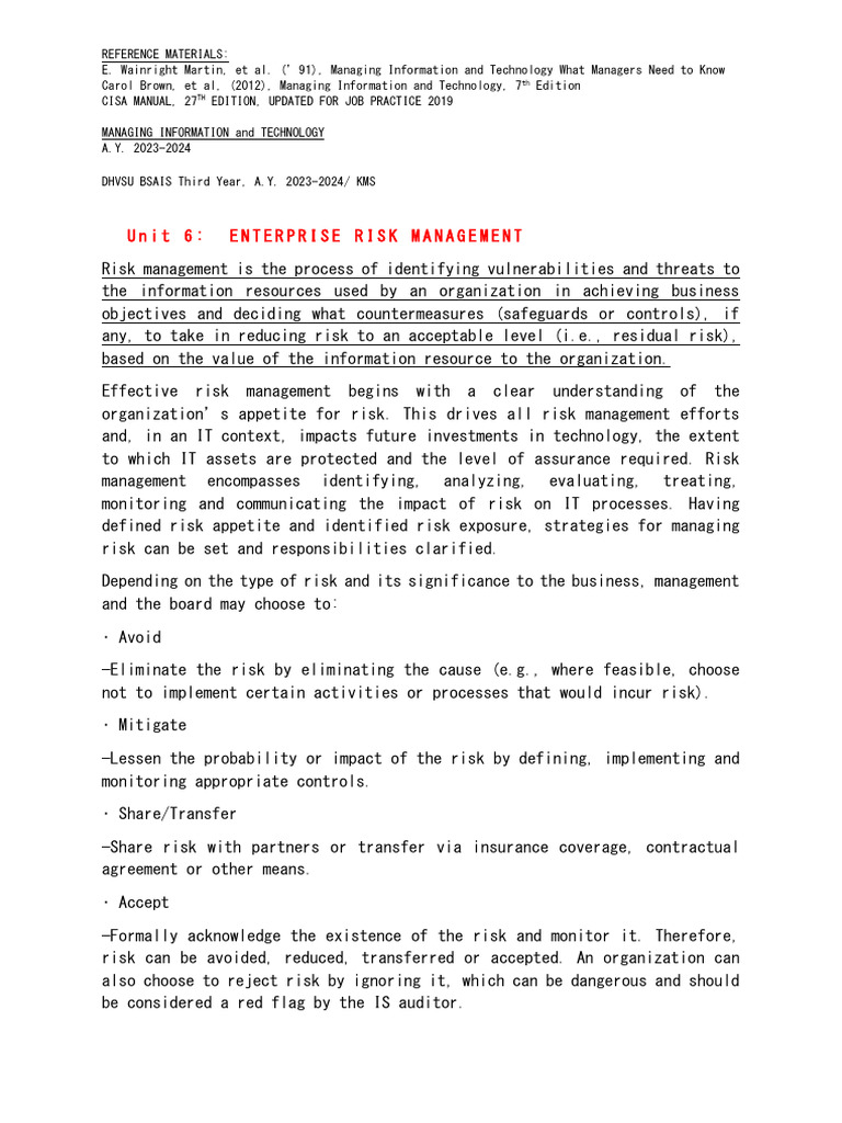Bsais mit chapter 1 unit 6 pdf risk management risk