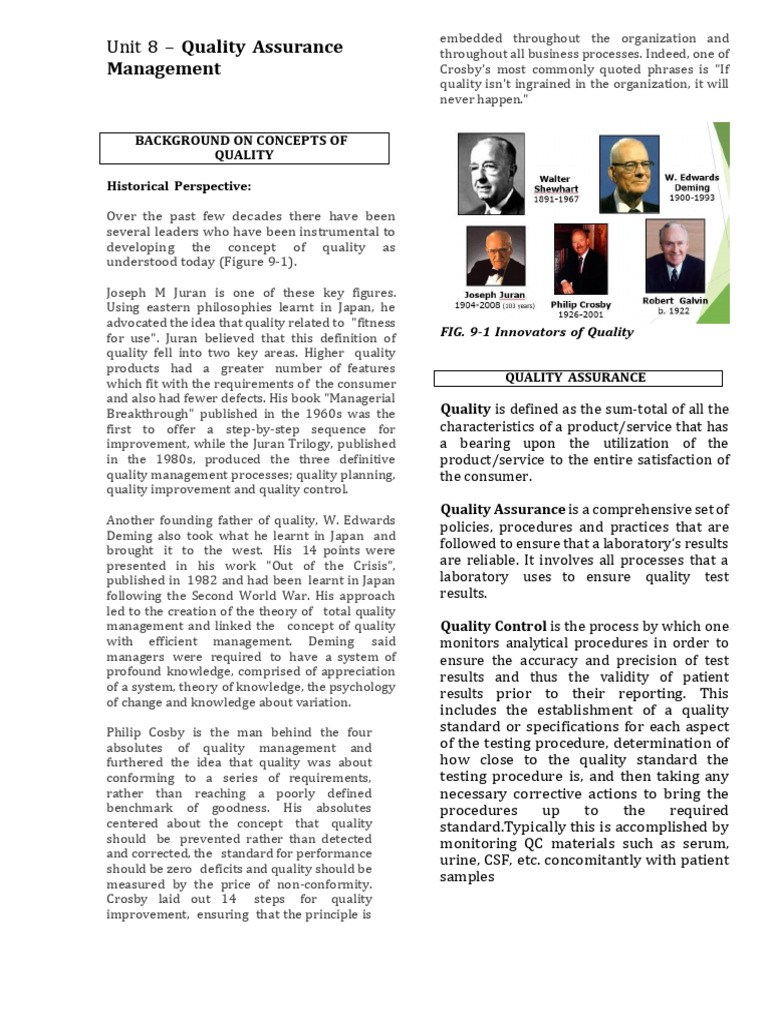 Unit 8 Quality Assurance Management | PDF