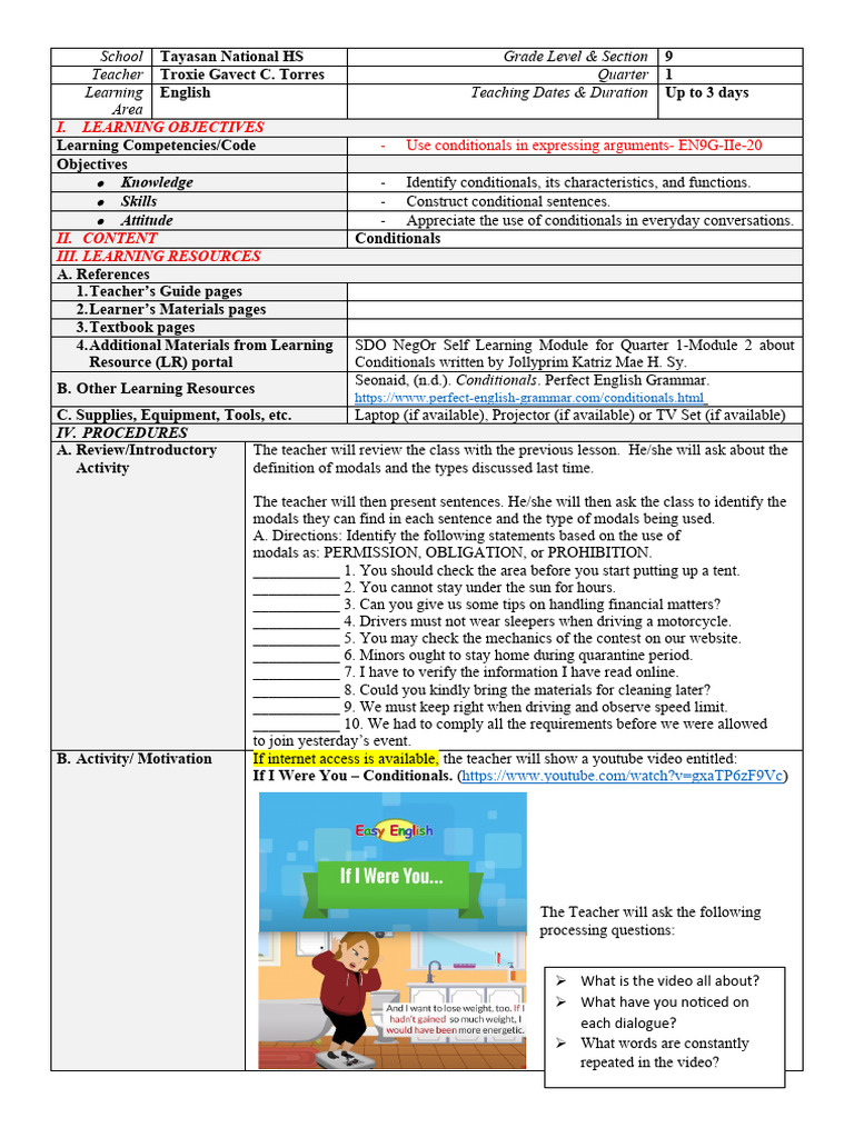 Grade 9 Conditionals Lesson Plan | PDF | Verb | Learning