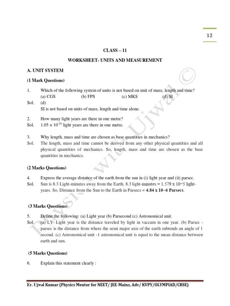 Class 11 Units and Measurement Worksheet | PDF | Astronomical Unit ...