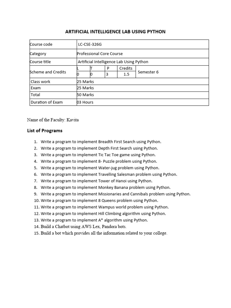 ARTIFICIAL INTELLIGENCE LAB USING PYTHON Experiment List | PDF