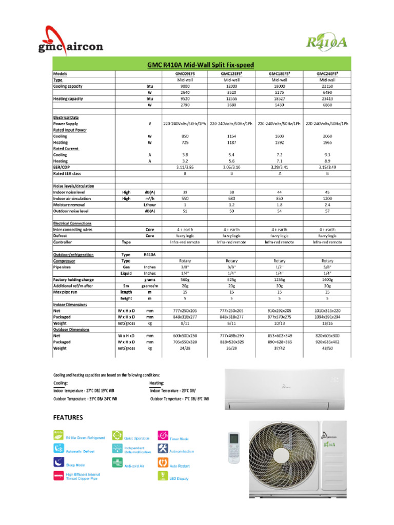GMC Non Inverter Fixed Speed Midwall Air Conditioners Specifications | PDF