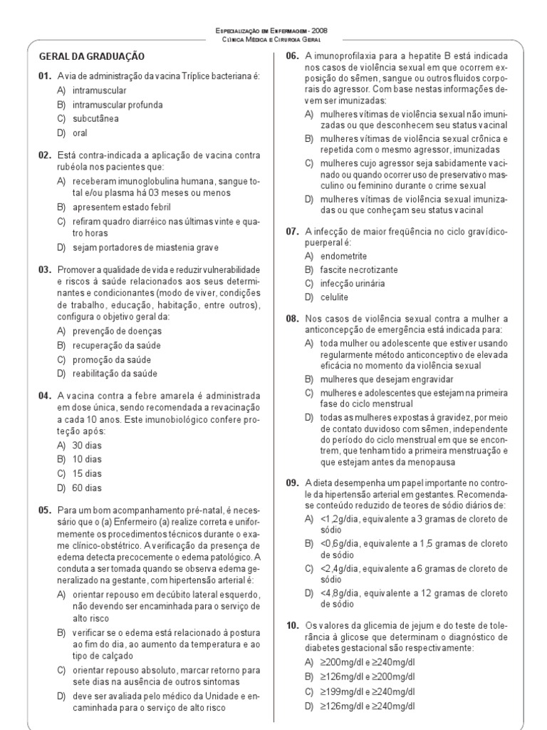 Prova Espec Enfermagem Clinica Medica 2008 | Enfermagem