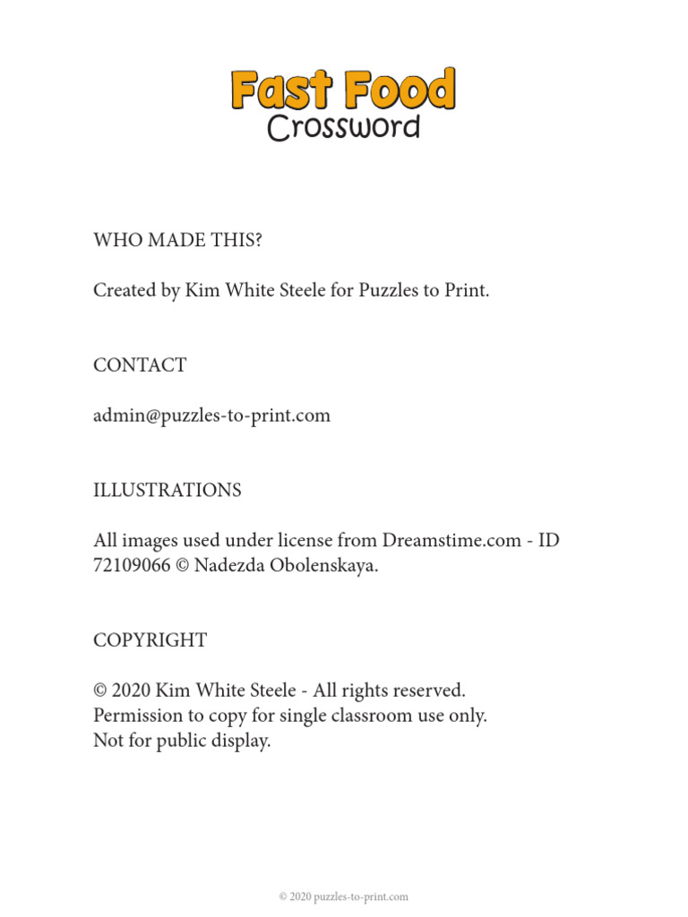 Fast Food Crossword Puzzle PDF Hamburgers Fast Food Fast Food Crossword Puzzle PDF Hamburgers Fast Food