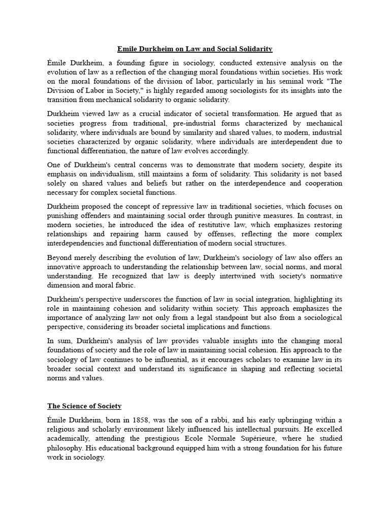 Durkheim's Law and Social Solidarity | PDF | Émile Durkheim | Sociology