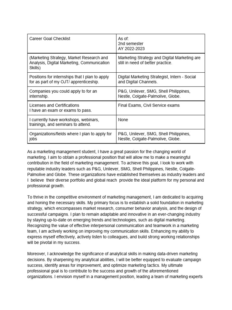 Marketing Career Goals and Internship Plan | PDF | Marketing | Digital ...