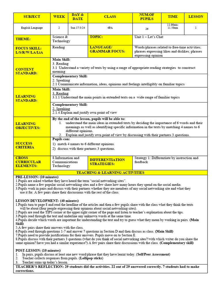 English Lesson Plan: Reading & Speaking Skills | PDF | English Language ...