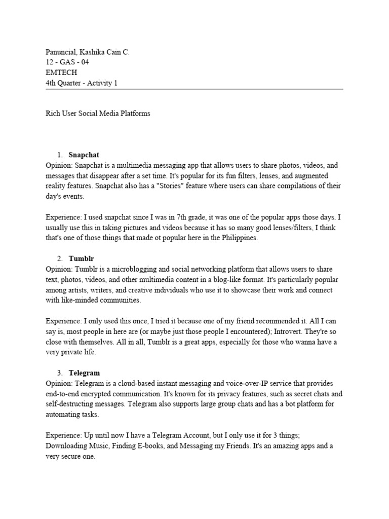 Social Media Platforms Overview | PDF | Snapchat | Social Information ...