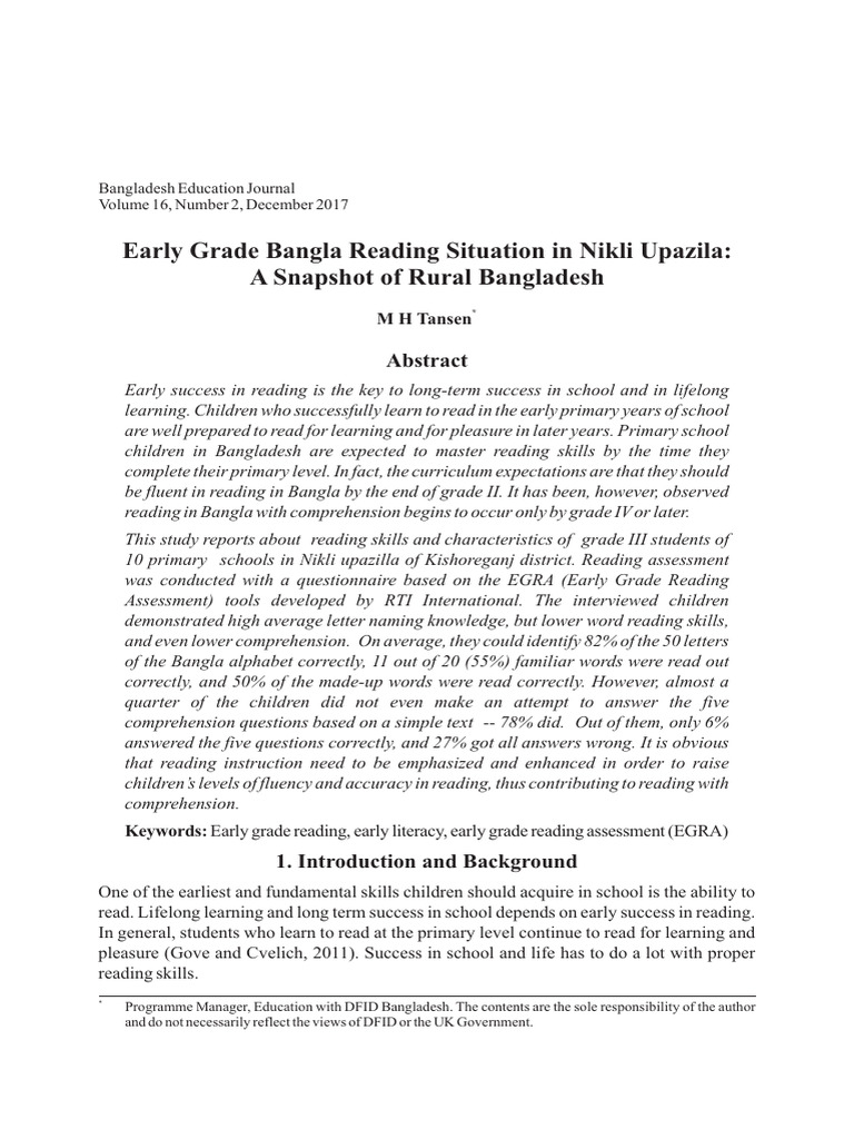 Early Grade Bangla Reading Situation In Nikli Upazila