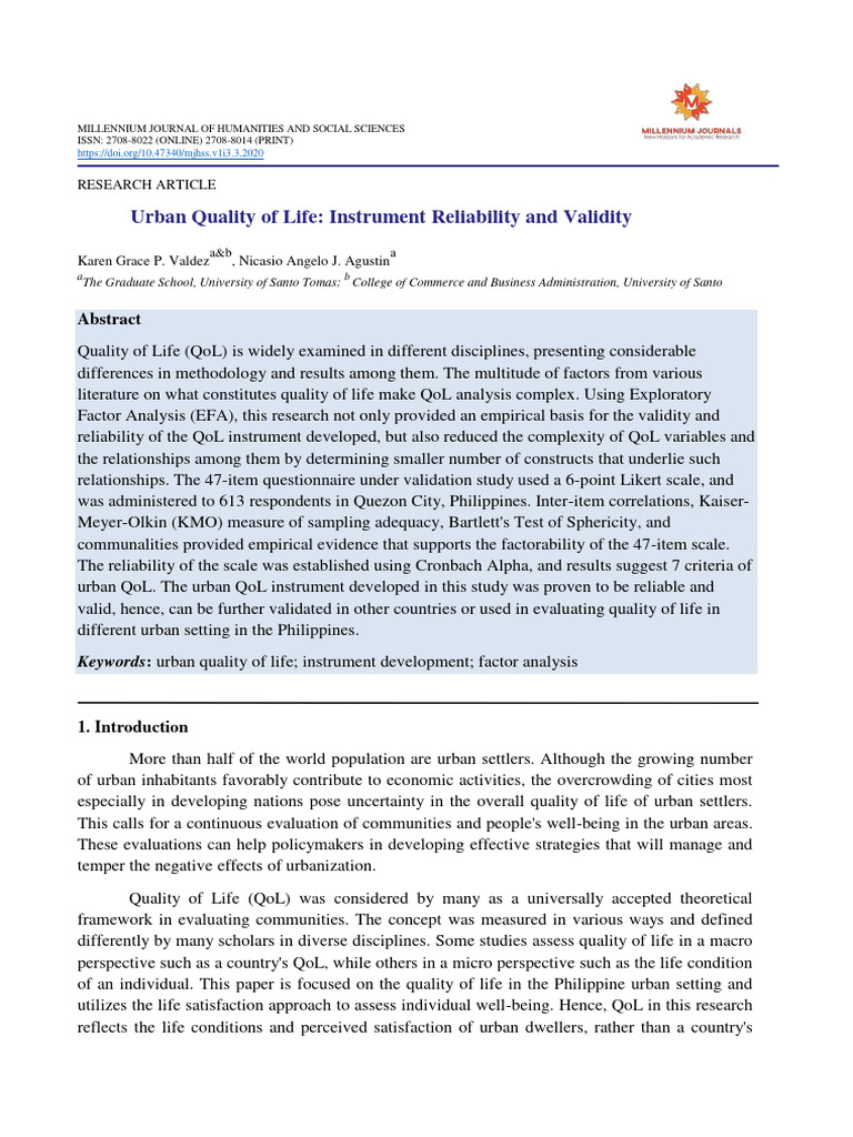 Urban Quality of Life Instrument Reliabi PDF Quality Of Life