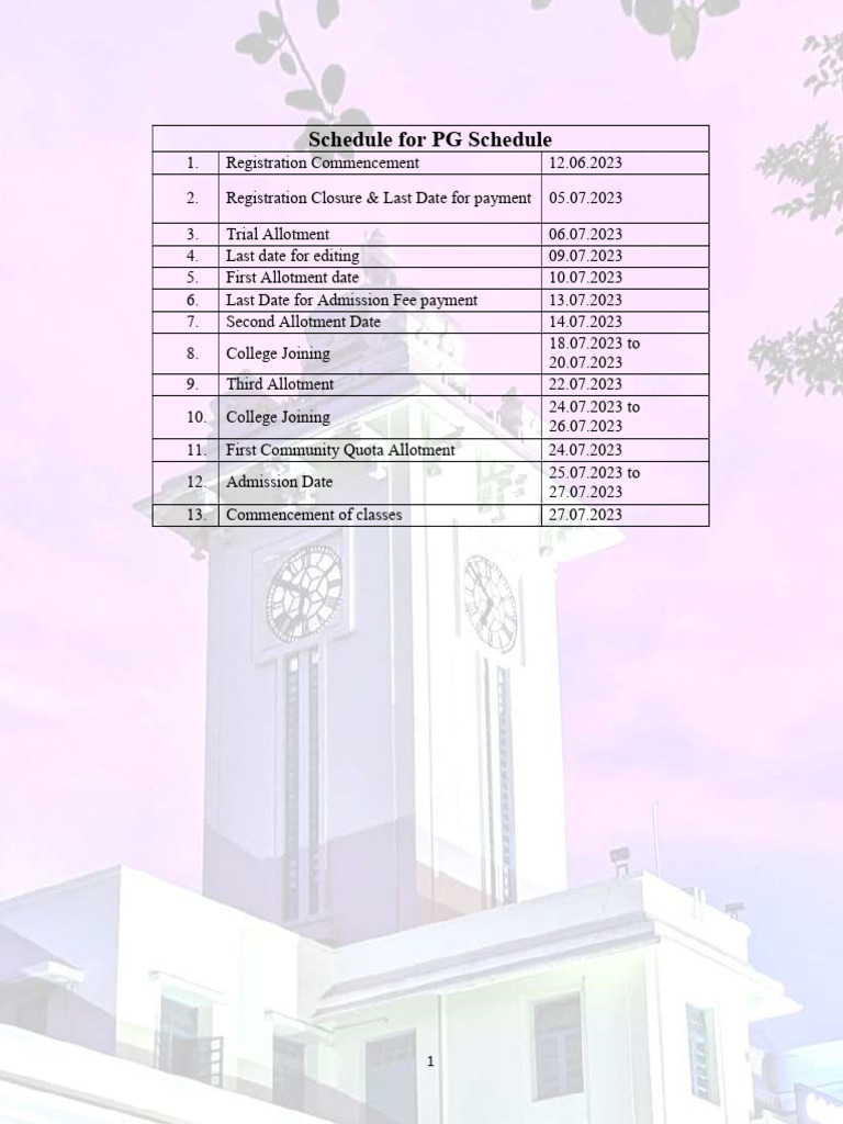 PG Admission Schedule 2023 | PDF