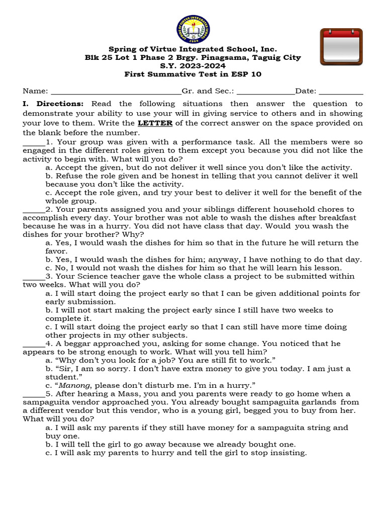 ESP 10 First Summative Test Guide | PDF | Homework