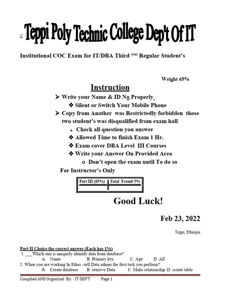 Institutional COC Exam for IT/DBA Students | PDF | Programming ...