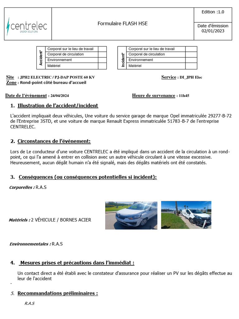 Flash HSE : Accident de circulation 24/04/2024 | PDF