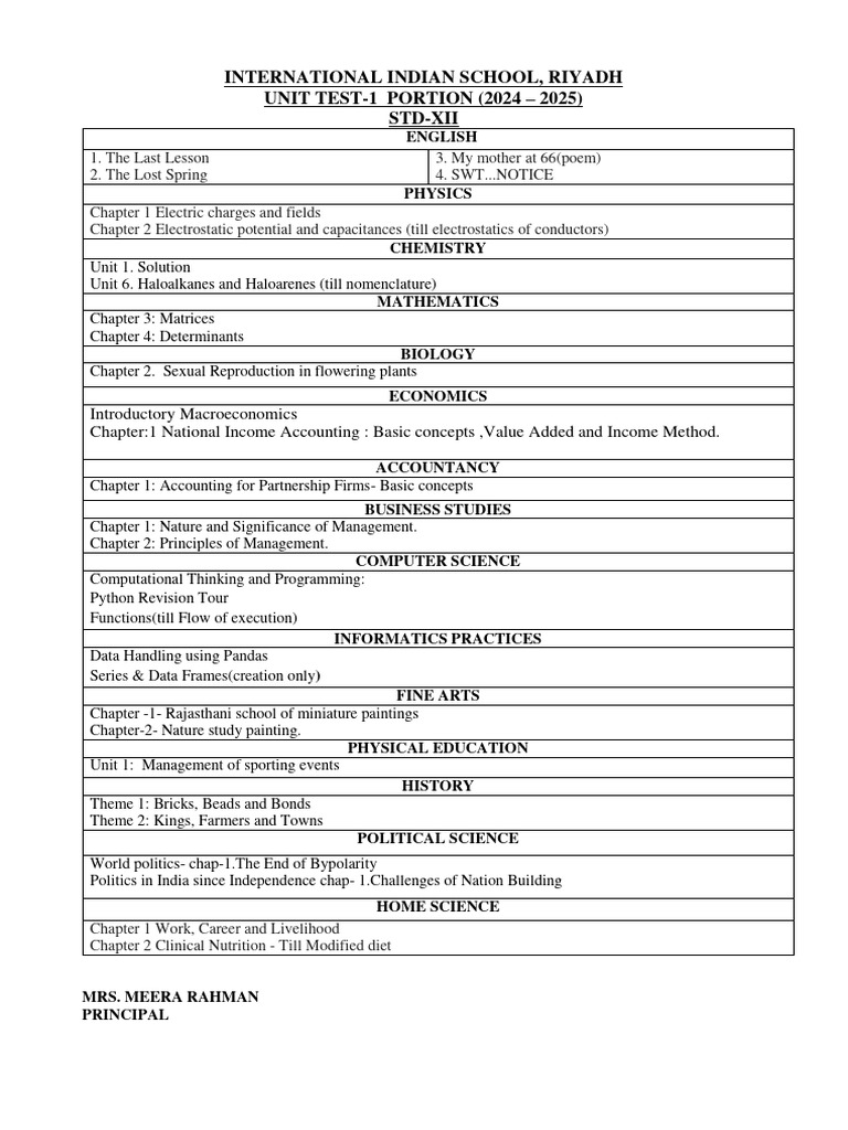 IIS Riyadh Std-XII Unit Test 2024-25 Guide | PDF