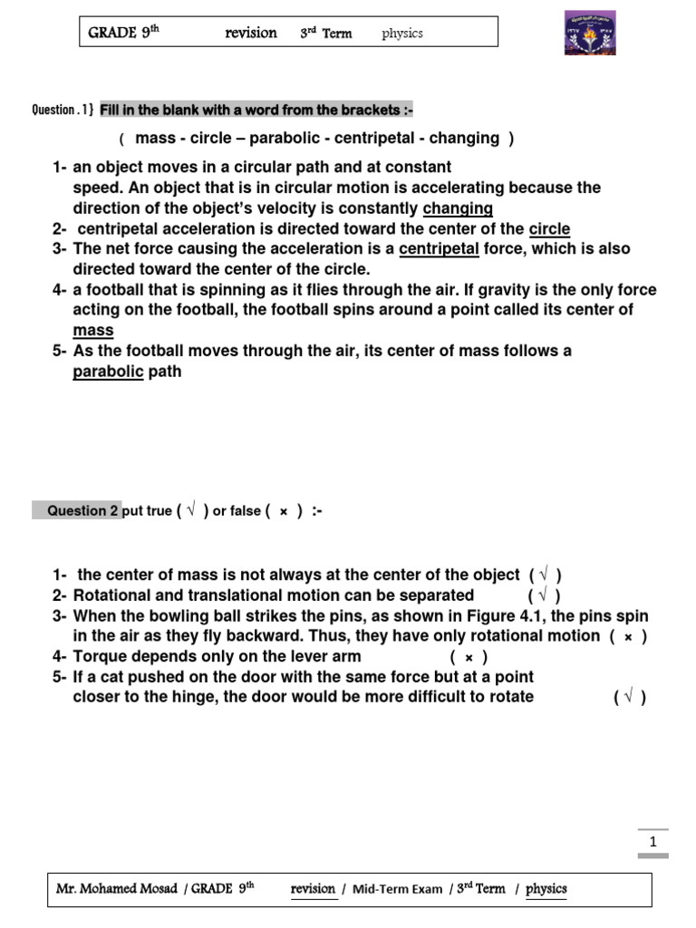 9th Grade Physics Mid-Term Exam Review | PDF | Buoyancy | Acceleration