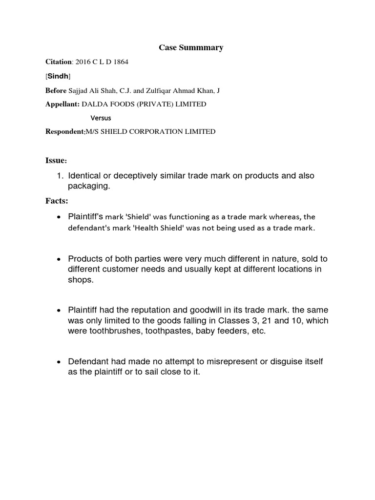 Trade Mark Dispute: Dalda vs. Shield | PDF | Trademark | Common Law