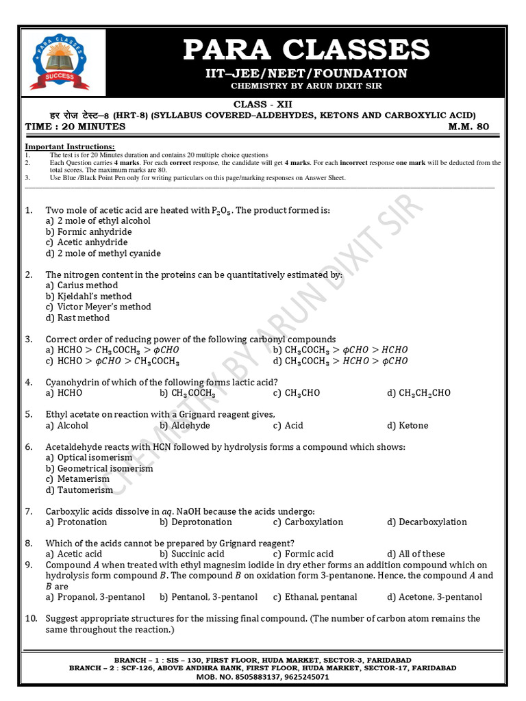 Class XII Chemistry MCQ Test on Organic Compounds | PDF | Acid | Aldehyde