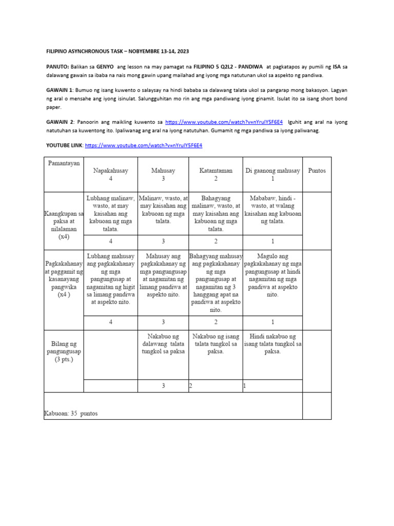 Filipino 5 Asynchronous Task Nov 13 at 14 | PDF