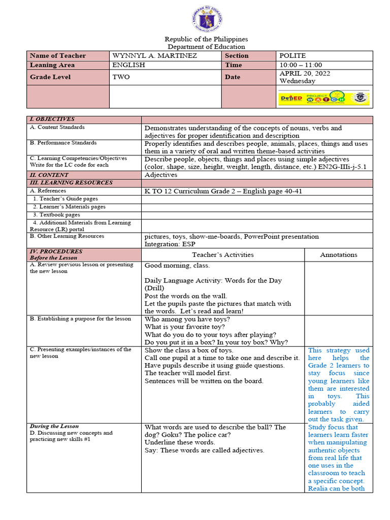 Grade 2 English Lesson Plan on Adjectives | PDF | Learning | English ...
