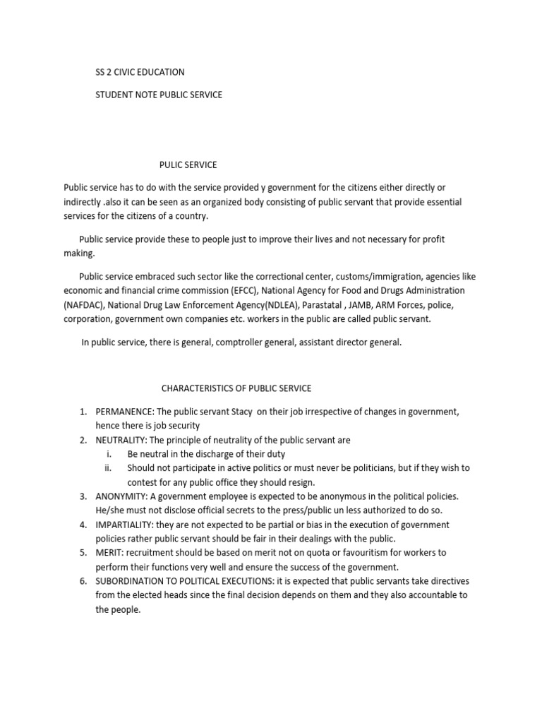 6523 - Ss 2 Civic Education Note Public Service | PDF | Civil Service ...