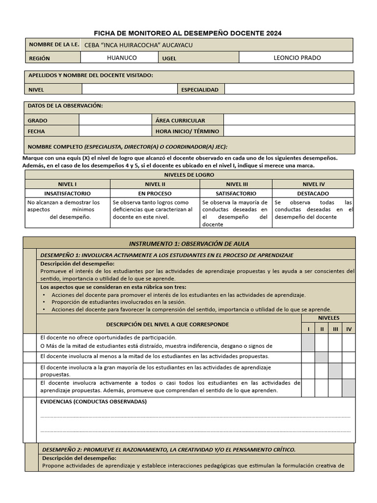 Ficha de Monitoreo Docente 2024 | PDF | Evaluación | Aprendizaje