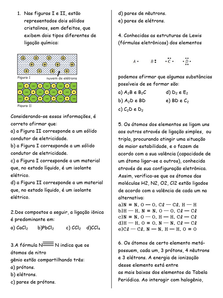 Exercícios sobre Ligações Químicas | PDF | Ligação química | Ligação iônica