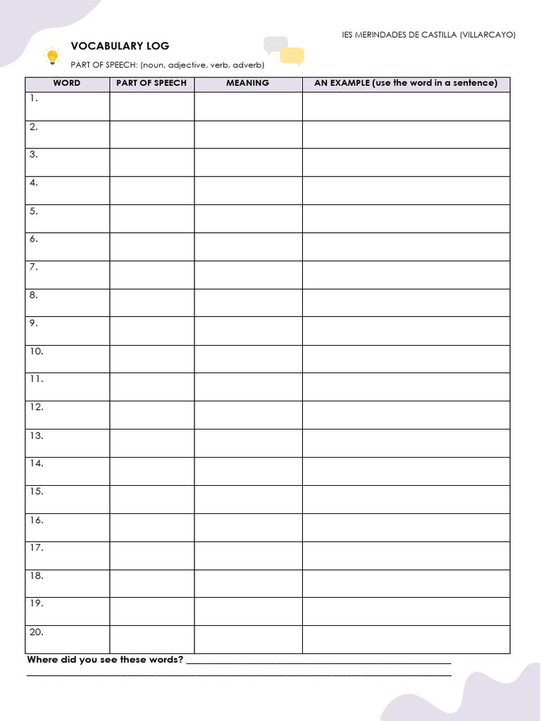 Vocabulary Log Template Free Download