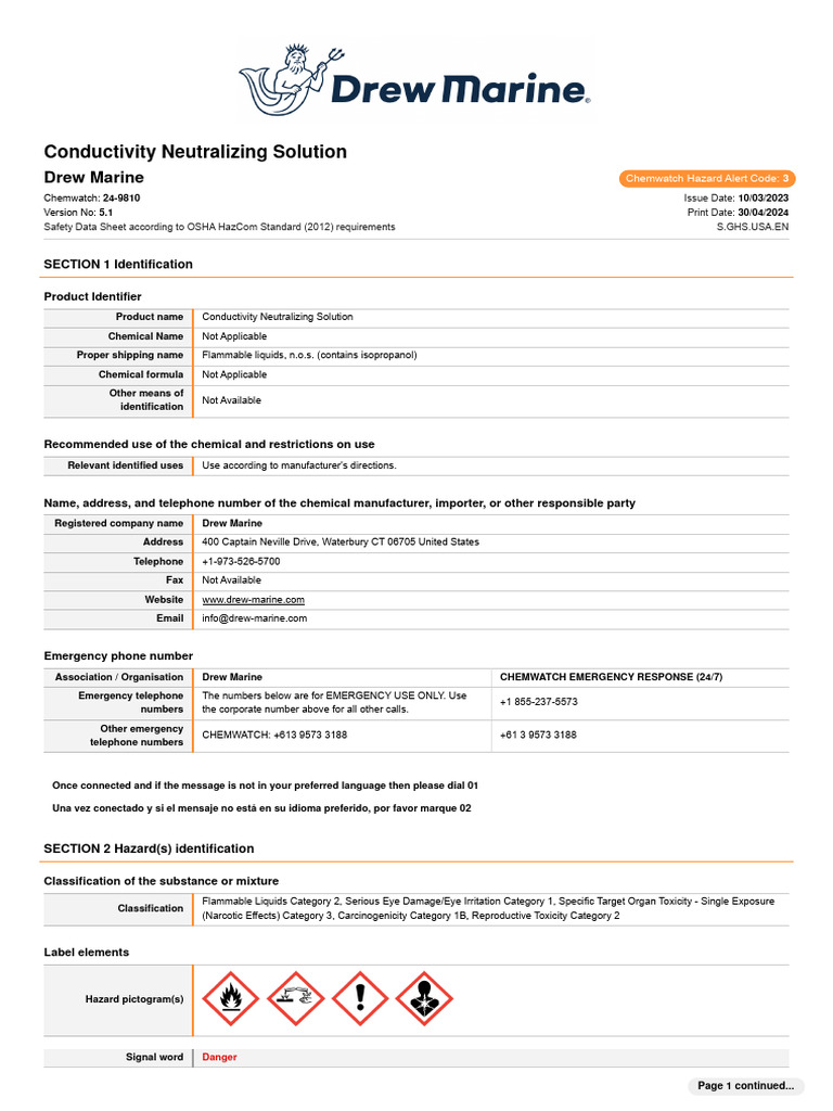 Conductivity Neutralizing Solution SDS | PDF | Fires