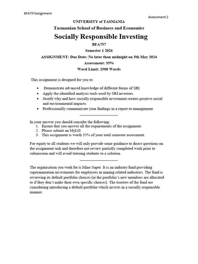 Bfa757 2024 assessment two pdf pension investing