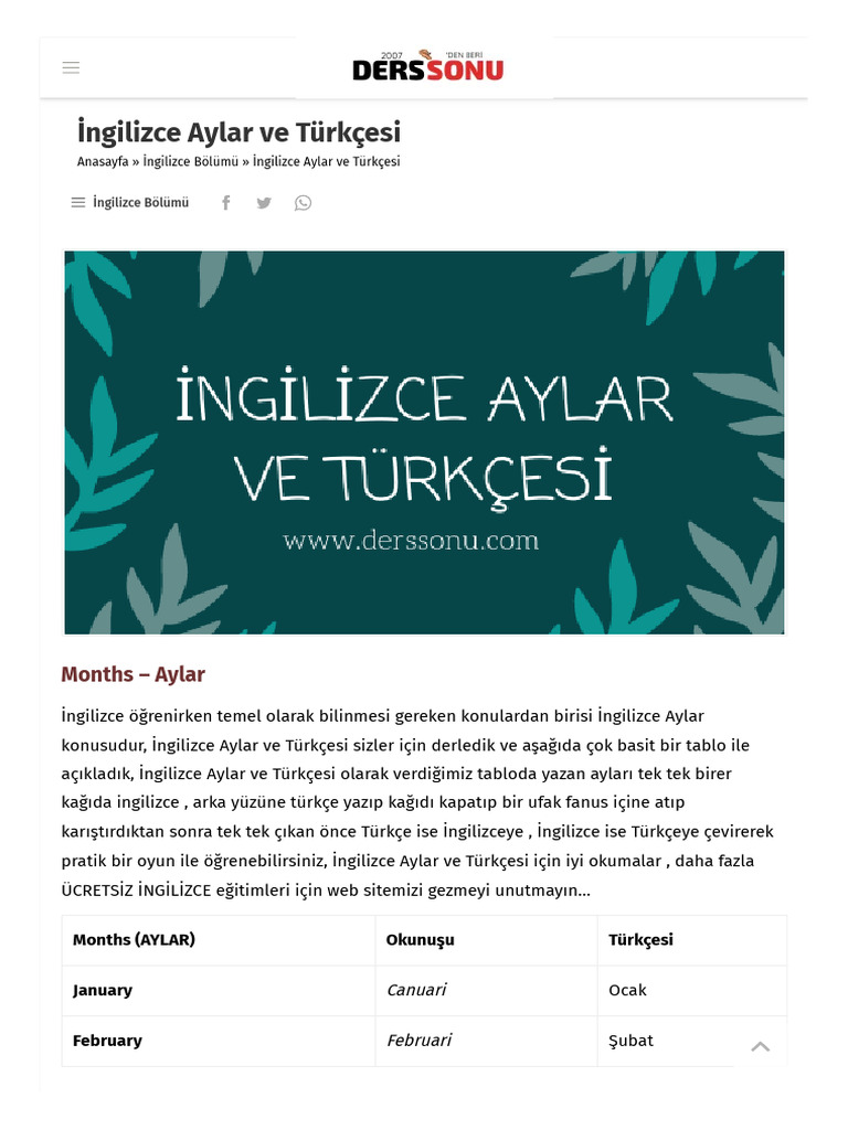 Derssonu - Derssonu İngilizce Aylar Ve Türkçesi Basit Anlatım | PDF